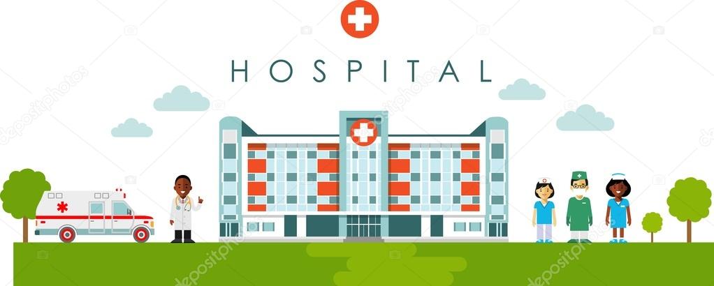 Medical concept with hospital building and african american doctor in flat style
