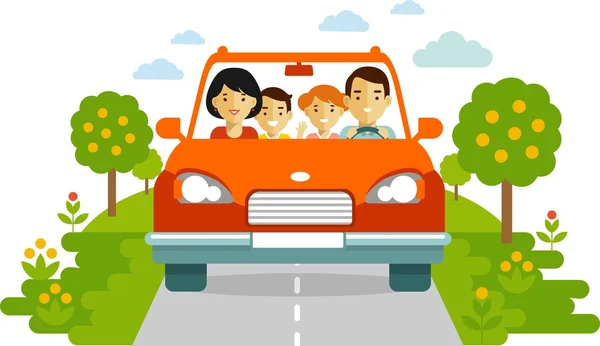 Familia feliz viajando en coche sobre fondo de la naturaleza — Vector de stock