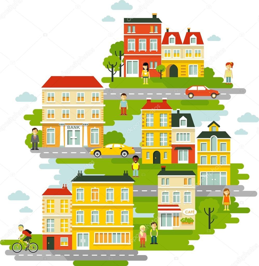 Small town urban landscape background in flat style