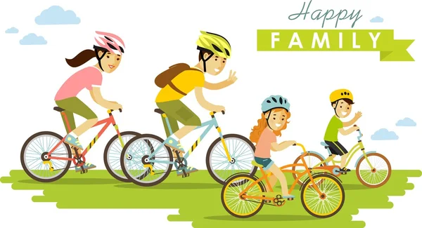 Felice famiglia in sella a biciclette isolato su sfondo bianco in stile piatto — Vettoriale Stock