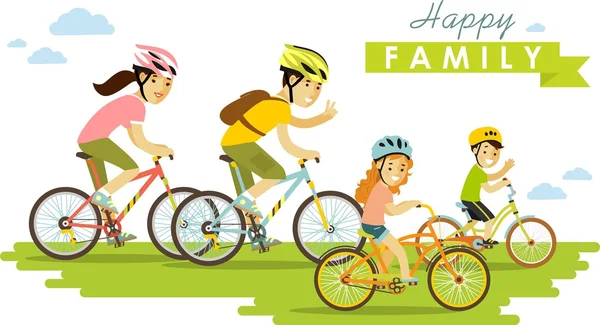 Bicicletas familiares felices aisladas sobre fondo blanco en estilo plano — Vector de stock