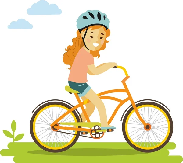 Feliz niña montando bicicletas aisladas sobre fondo blanco en estilo plano — Vector de stock