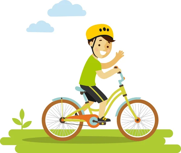 Happy little boy riding bikes isolated on white background in flat style — Stock Vector
