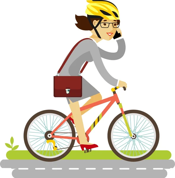 Mujer de negocios en casco montando una bicicleta aislada sobre fondo blanco en estilo plano — Vector de stock