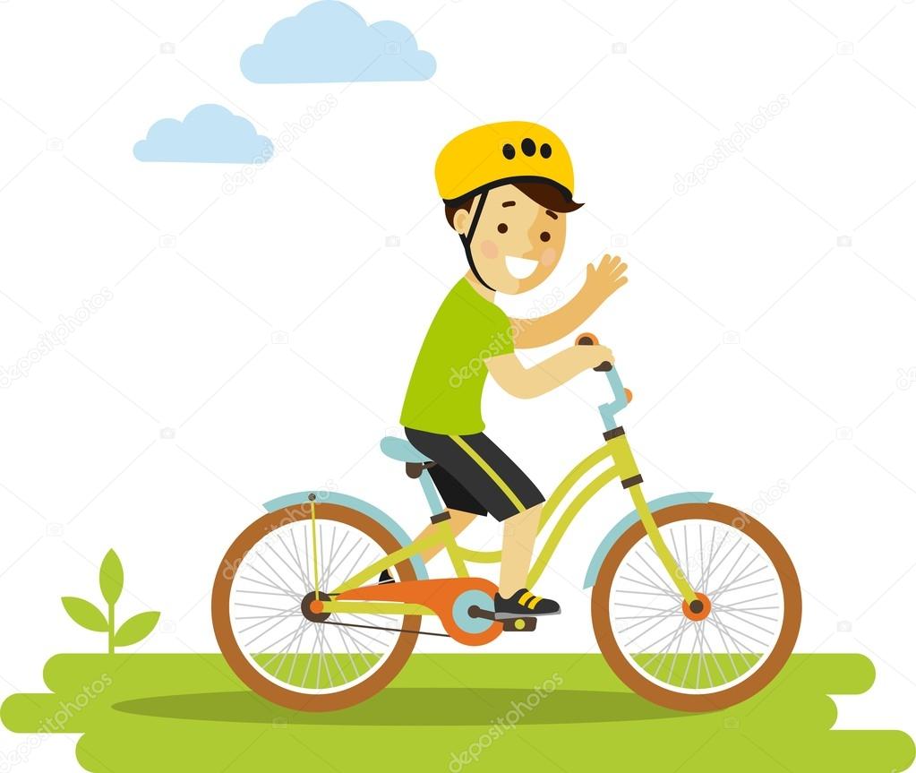 Happy little boy riding bikes isolated on white background in flat style