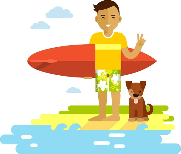 Young surfer man with surfboard on the beach — Stock Vector