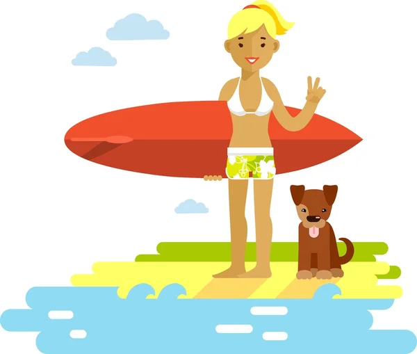 Young surfer girl with surfboard on the beach — Stock Vector