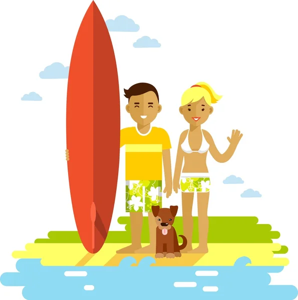 Jeune surfeur couple homme et femme avec planche de surf sur la plage — Image vectorielle