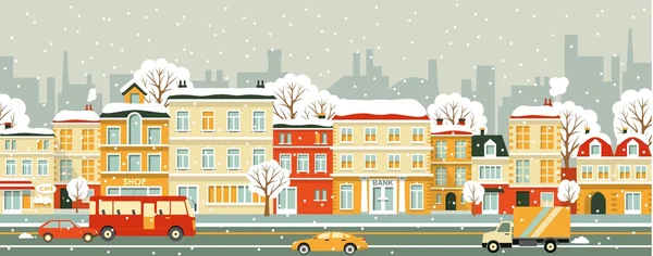 Ciudad calle sin costuras fondo de invierno en estilo plano — Vector de stock