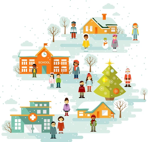 フラット スタイルの小さな町都市クリスマス冬の風景背景 — ストックベクタ