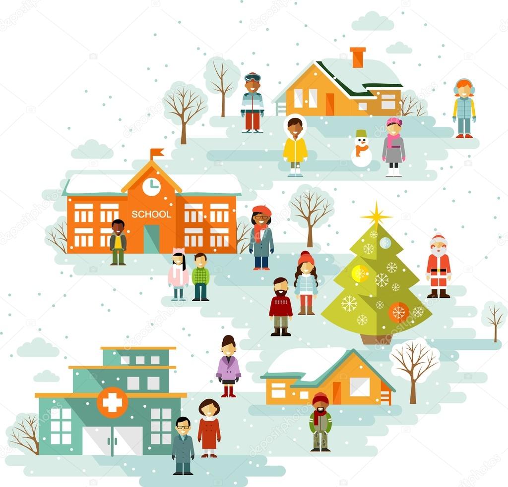 Small town urban Christmas winter landscape background in flat style