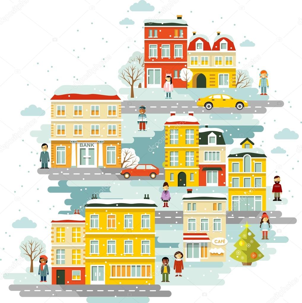 Town urban Christmas winter landscape background in flat style