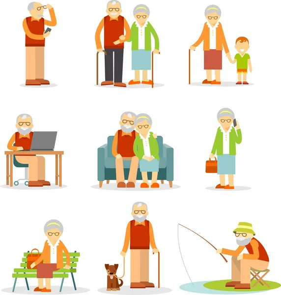 Conjunto de personas mayores en diferentes situaciones — Vector de stock