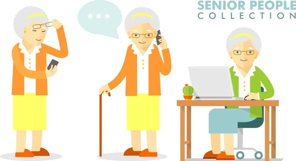 Concepto social - anciana usando computadora y teléfono móvil — Vector de stock