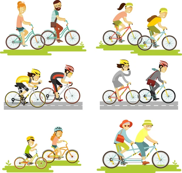 Set of bicycle rider couple in flat style — Stock Vector