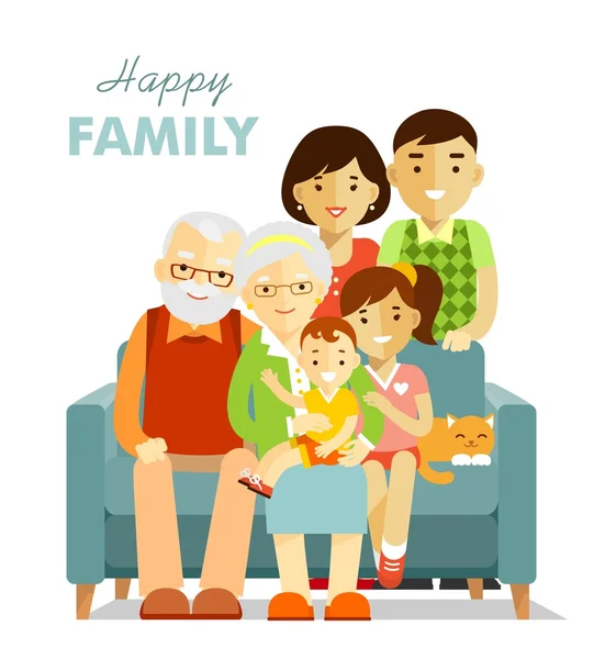 Conceito social - família feliz três gerações juntos —  Vetores de Stock