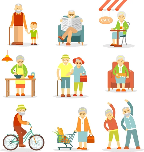Conjunto de personas mayores en diferentes situaciones — Vector de stock