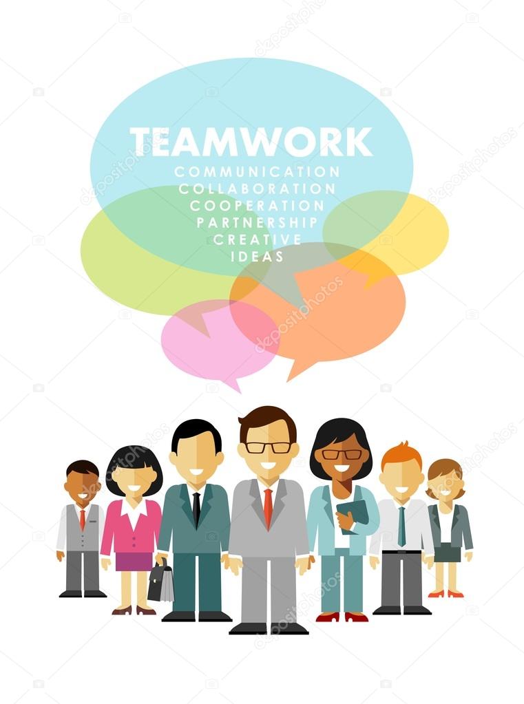 Modern multicultural business team concept with people and speech bubble in flat style