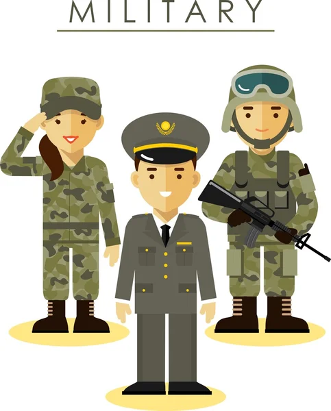 Soldier man and woman in different military uniform — Stock Vector