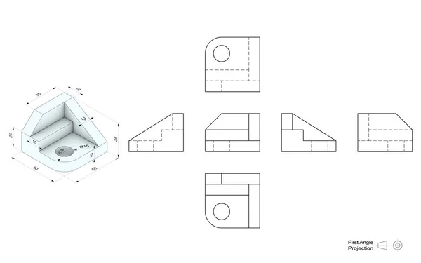 Технический Рисунок Модели Перспективой Ортогональными Представлениями Метод Проекции Первого Угла — стоковое фото