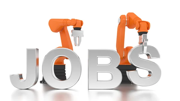 Industrial robotic arms building JOBS word — Stock Photo, Image
