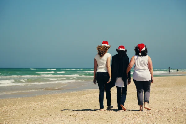 Femmes portant des chapeaux de Noël sur le bord de la mer — Photo