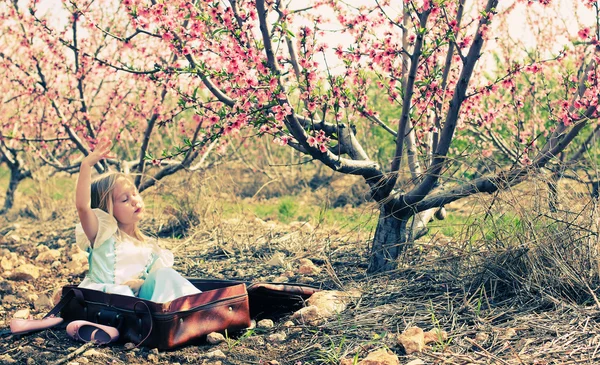 Girl sitting in vintage bag — Stock Photo, Image