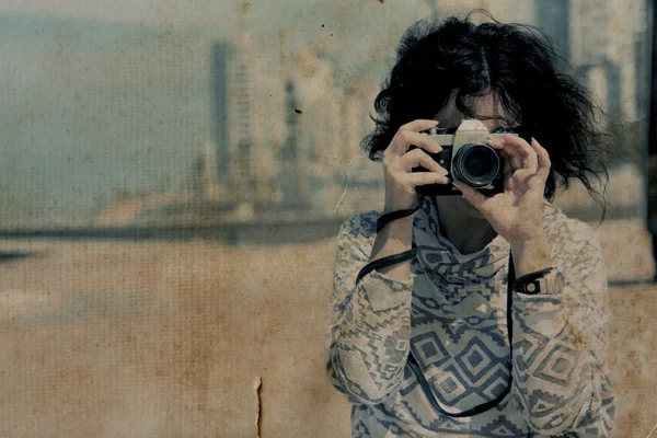 Woman with vintage retro camera — Stock Photo, Image