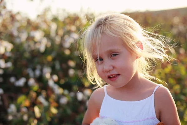 Ragazza in piedi nel campo di cotone — Foto Stock