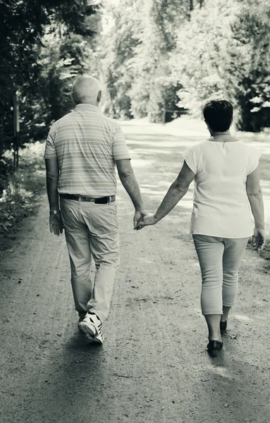 Starszy para spaceru razem w parku — Zdjęcie stockowe