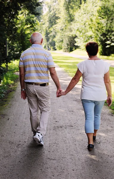 Casal sênior caminhando juntos no parque — Fotografia de Stock