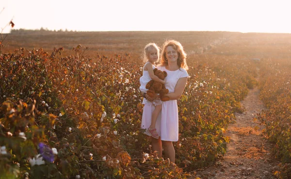 Mother with daughter in cotton field — Stock Photo, Image