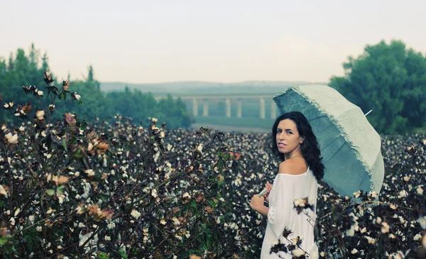 Mulher segurando guarda-chuva no campo de algodão — Fotografia de Stock