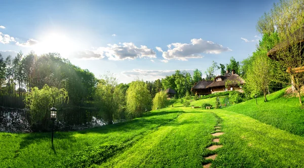 Log och landskap hus — Stockfoto