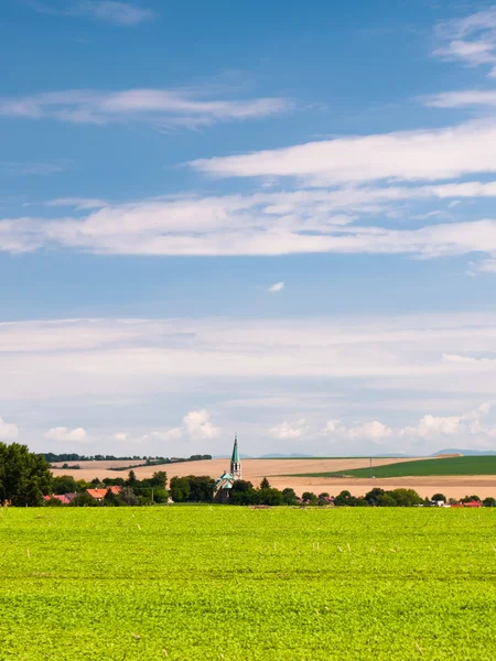 Höga kyrktornet i landsbygdens land — Stockfoto