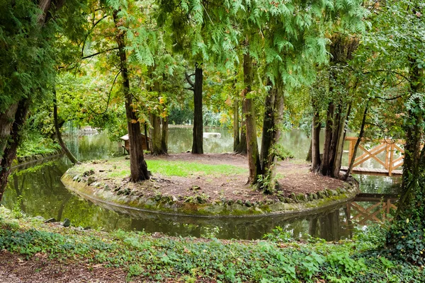 Formell trädgård med en liten ö i dammen — Stockfoto