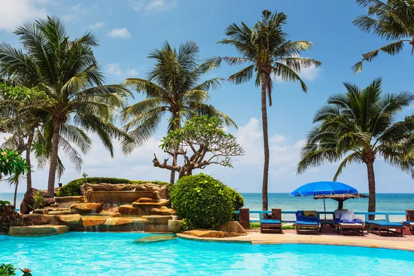 Pool and palms on sea shore — Stock Photo, Image