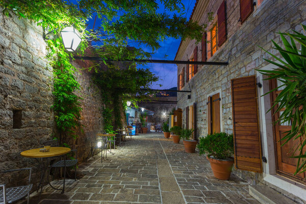 Montenegro. 23 July 2017. Narrow streets of the old evening Budva in Montenegro