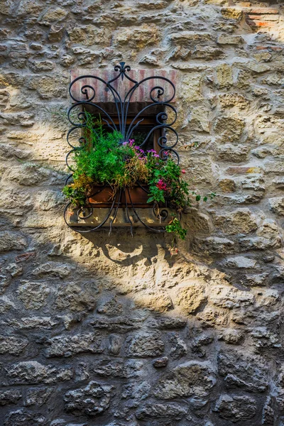 Fönster i gamla hus med blommor — Stockfoto