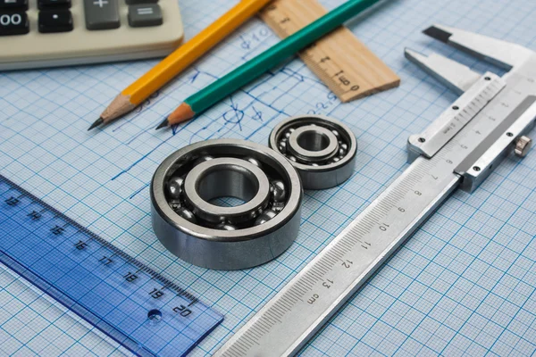 Calipers, bearing and square — Stock Photo, Image