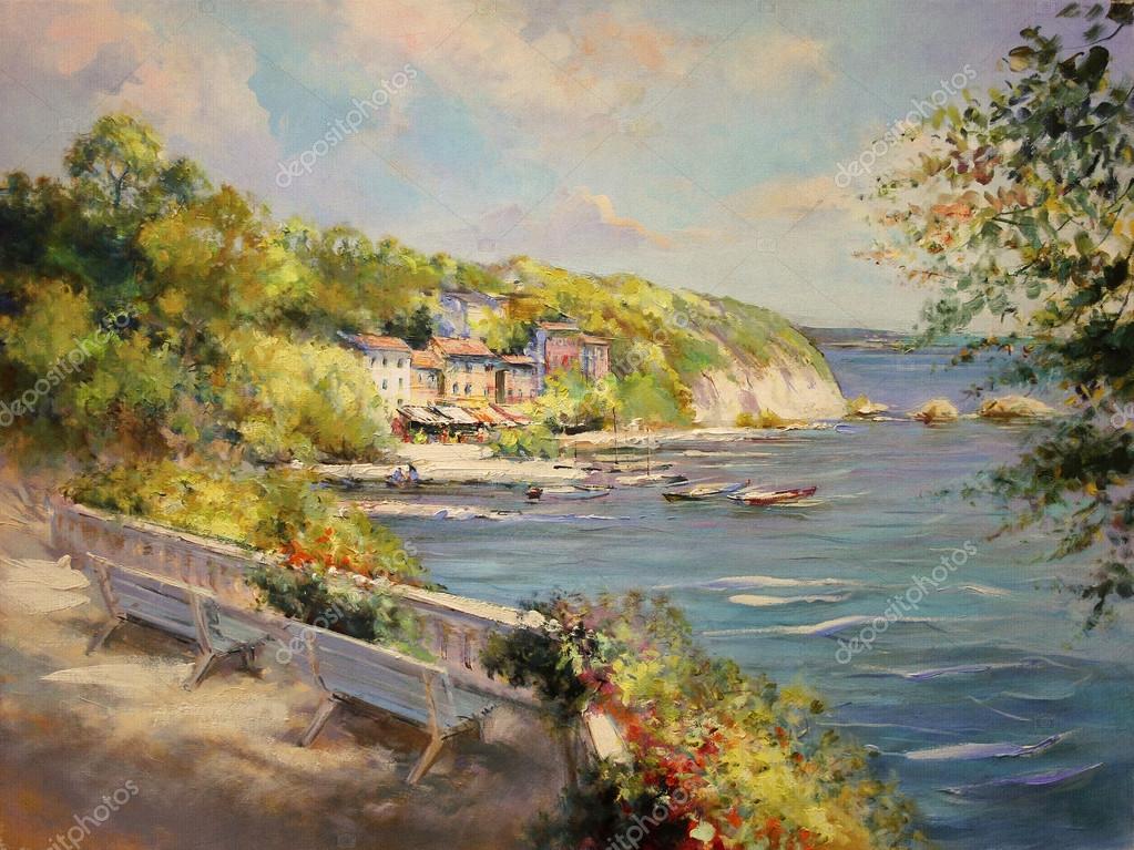 Colorful Seascape Oil Painting Vintage Styled Stock Photo
