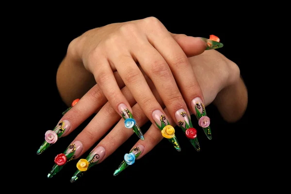 Beautiful hands with french manicure on black background — Stock Photo, Image