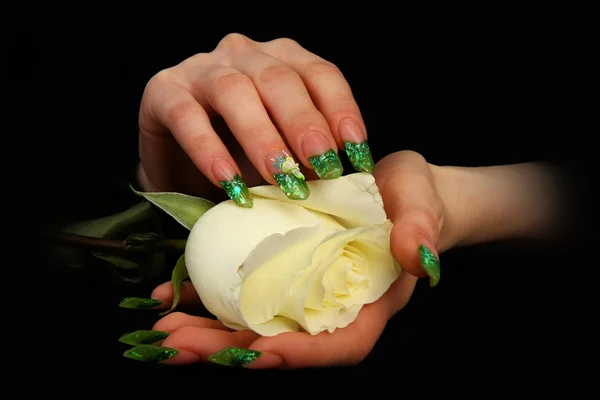 Beautiful hands with french manicure on black background — Stock Photo, Image