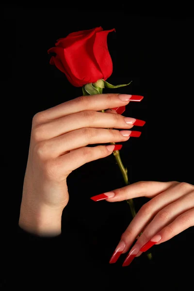 Belle mani con manicure francese su sfondo nero — Foto Stock