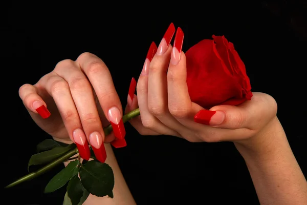 Beautiful hands with french manicure on black background — Stock Photo, Image