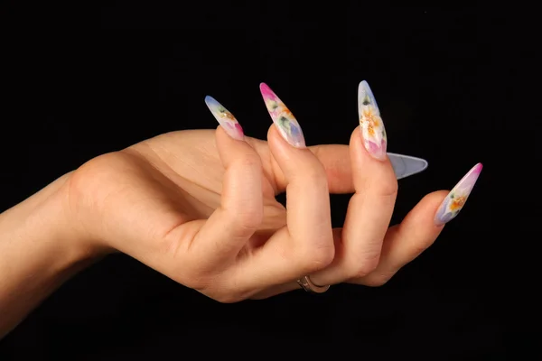 Mooie handen met Frans manicure op zwarte achtergrond — Stockfoto