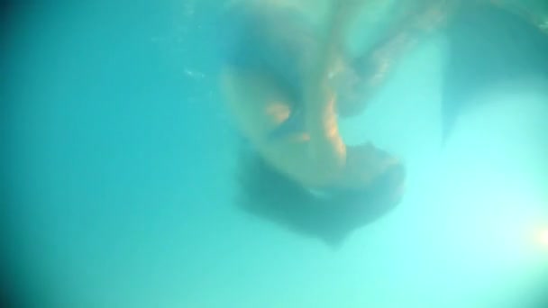 Красивая женщина в розовом бикини ныряет и плавает под водой — стоковое видео