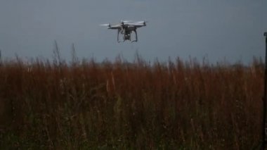 Çıkar - mavi gökyüzü karşı insansız hava aracı. Radyo kontrollü quadcopter yükselir. Dört motorlu uçak görünümü aşağıdan yukarıya