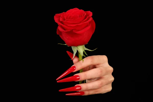 Hezká ženská ruka s dokonalou malované nehty izolovaných na černém pozadí — Stock fotografie