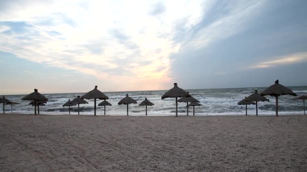 Άδειο πρωί παραλία Παρασόλια — Αρχείο Βίντεο